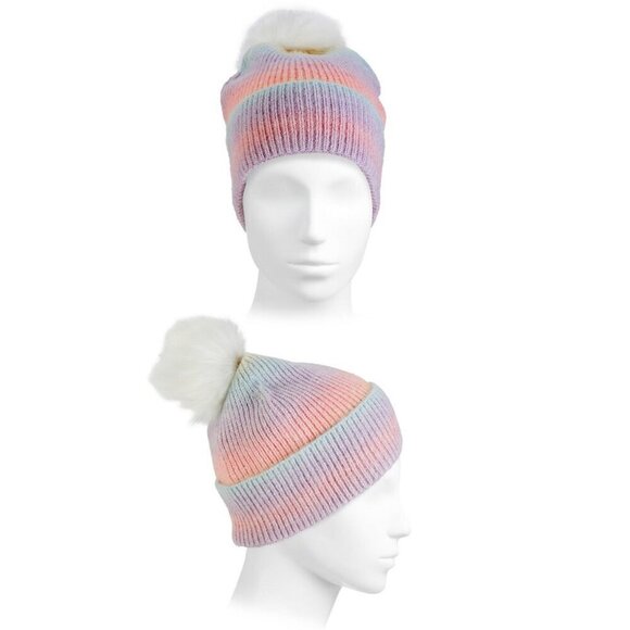 Adrienne Landau Wool Rainbow Purple Pink Faux Fur Pom-Pom Warm Beanie - Picture 2 of 4